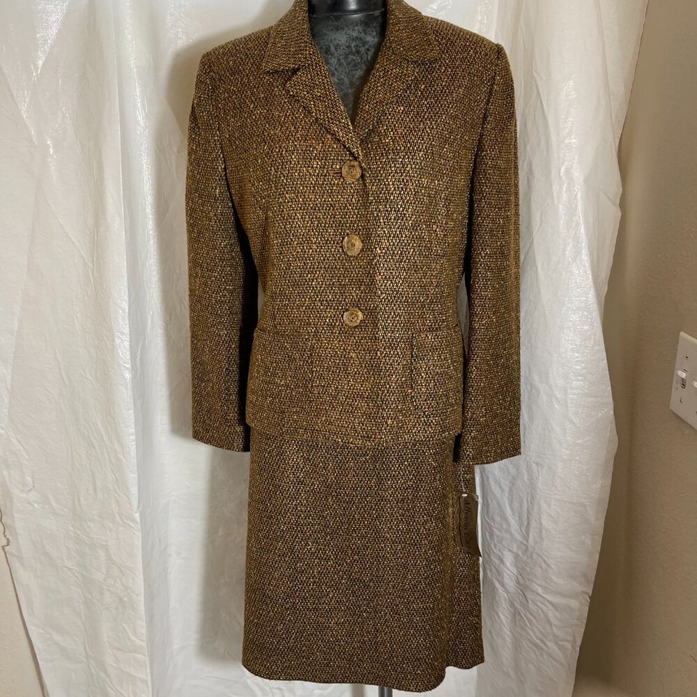 NWT Allyson Cara Women’s Brown Tweed 2 Piece Skirt Blazer Lined Suit Sz 12